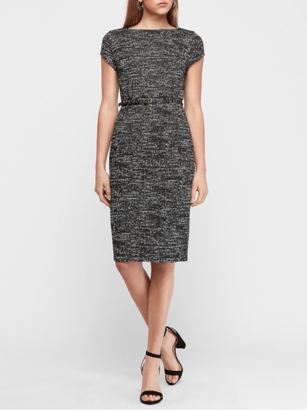 Express Black Tweed Midi Sheath Dress Belt Detail Size Small Black All-Season